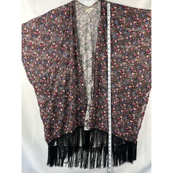 Janice Kimono Jacket Poncho One Size Black Boho Floral With Fringe - Picture 7 of 8